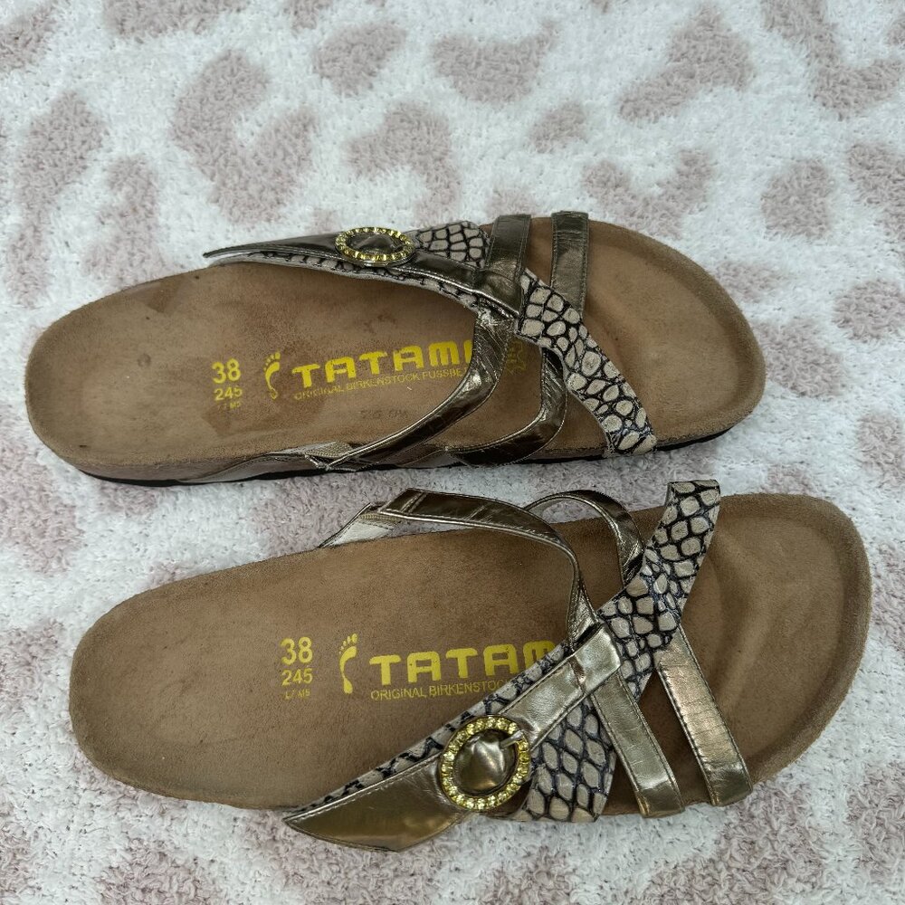 Tatami Birkenstock Sandals Womens 7.5 Gold Snakeskin Jeweled Slip On